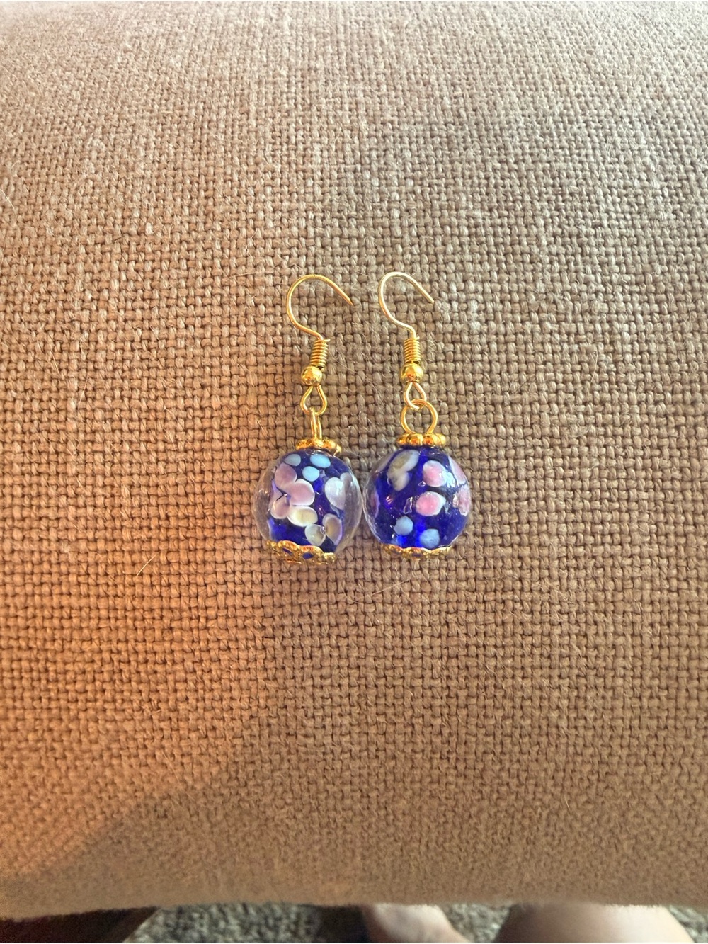 Gold-tone Blue Floral Glass Bead Drop Earrings